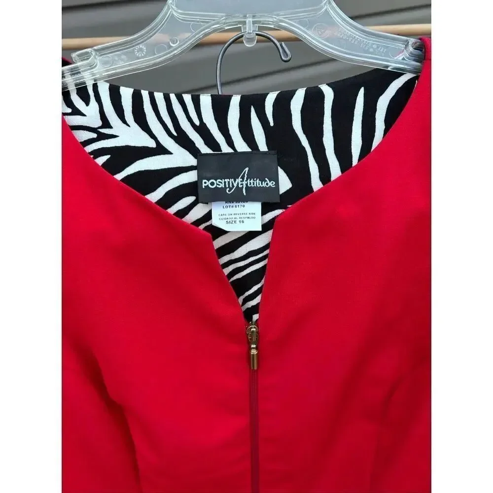 Vtg Positive Attitude Size 16 Red Black Zebra Print 2 Piece Pant Suit